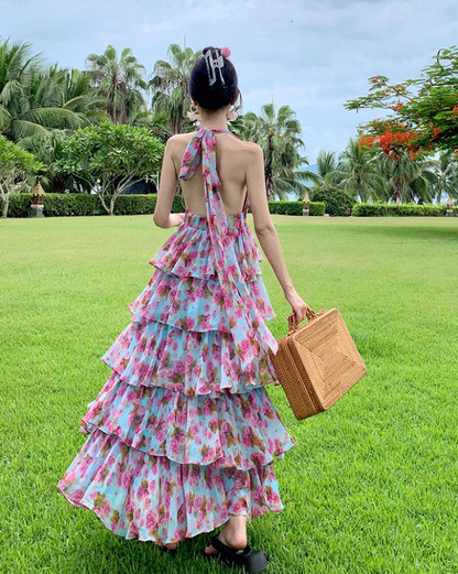 Fairycore Tiered Ruffles Summer Outfit Maxi Dress Open Back V-Neck Floral Print Halter Long Dress AP1262