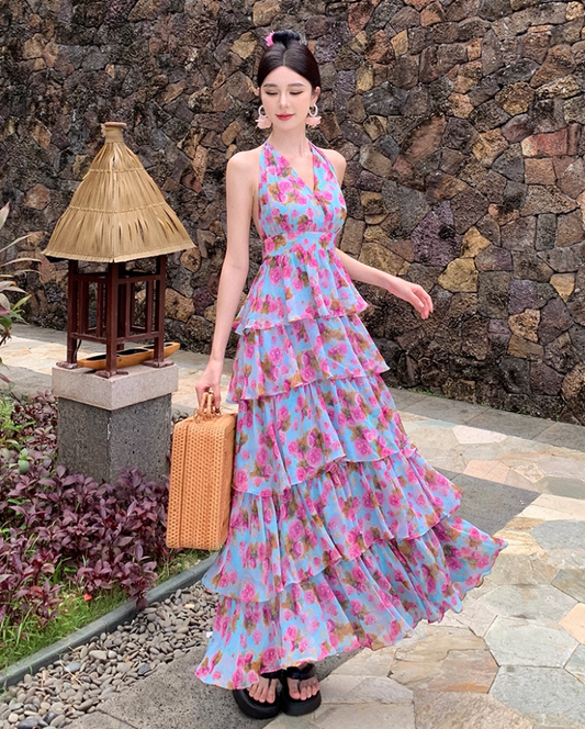 Fairycore Tiered Ruffles Summer Outfit Maxi Dress Open Back V-Neck Floral Print Halter Long Dress AP1262