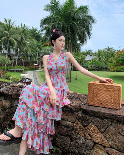 Fairycore Tiered Ruffles Summer Outfit Maxi Dress Open Back V-Neck Floral Print Halter Long Dress AP1262