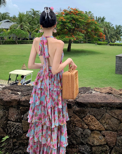 Fairycore Tiered Ruffles Summer Outfit Maxi Dress Open Back V-Neck Floral Print Halter Long Dress AP1262