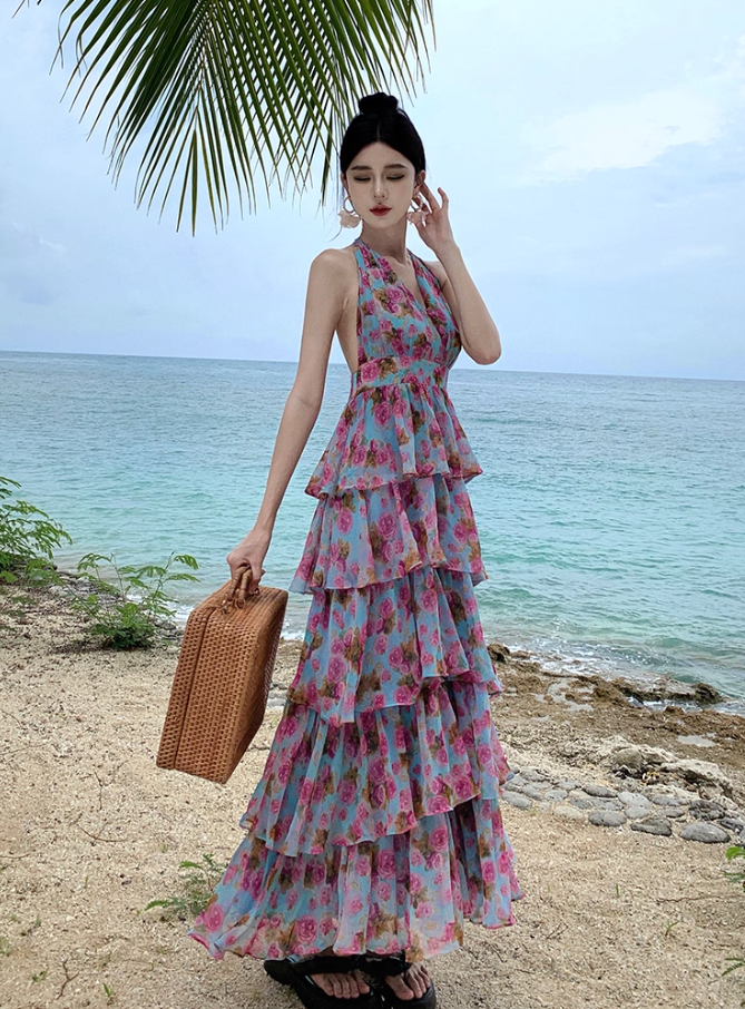 Fairycore Tiered Ruffles Summer Outfit Maxi Dress Open Back V-Neck Floral Print Halter Long Dress AP1262