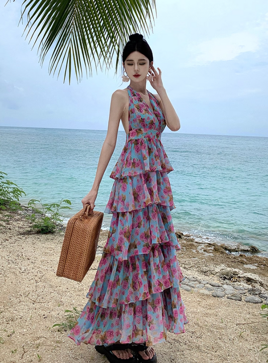 Fairycore Tiered Ruffles Summer Outfit Maxi Dress Open Back V-Neck Floral Print Halter Long Dress AP1262