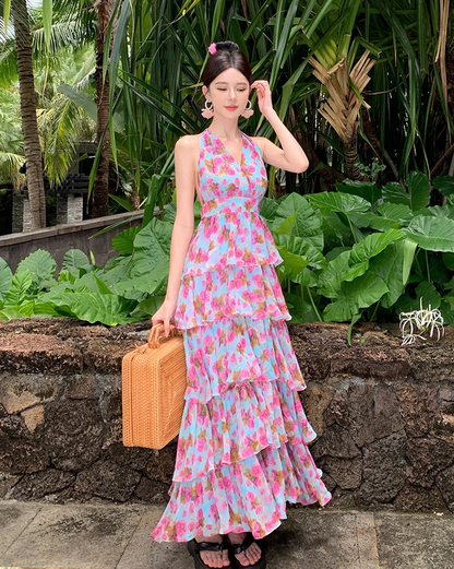 Fairycore Tiered Ruffles Summer Outfit Maxi Dress Open Back V-Neck Floral Print Halter Long Dress AP1262