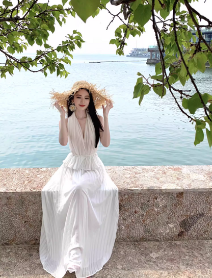 Elegant Ruffles Hem Coord Set Summer Outfit Maxi Dress Ruched Two-Piece Halter Long Dress AP1263