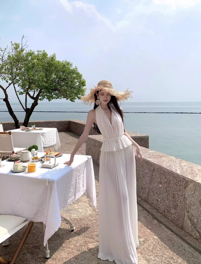 Elegant Ruffles Hem Coord Set Summer Outfit Maxi Dress Ruched Two-Piece Halter Long Dress AP1263