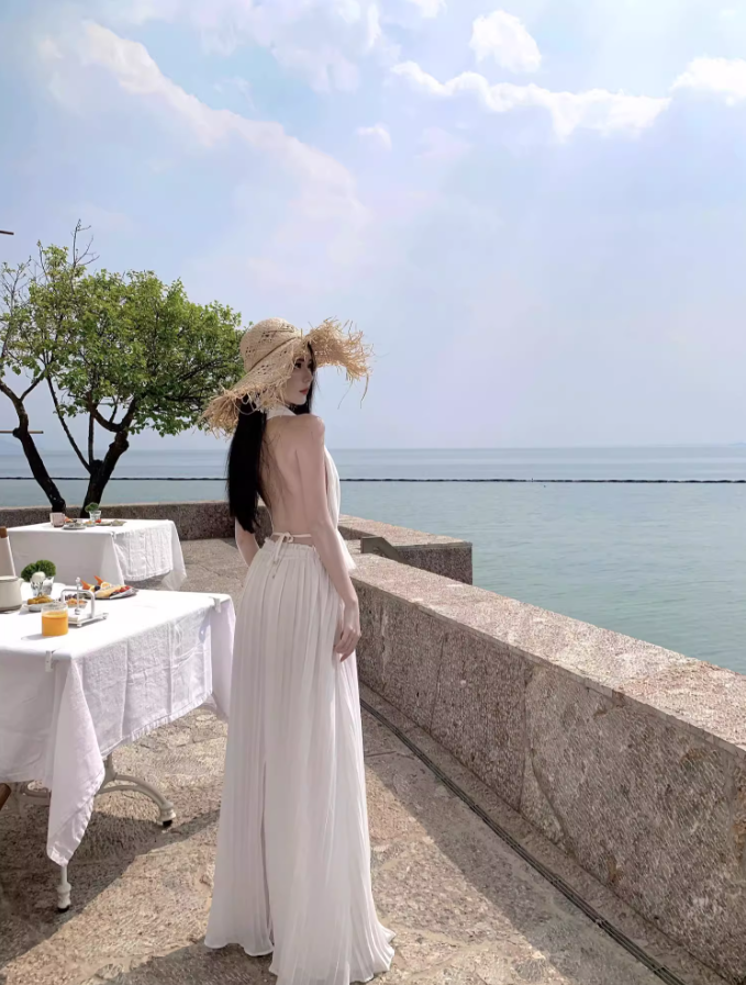 Elegant Ruffles Hem Coord Set Summer Outfit Maxi Dress Ruched Two-Piece Halter Long Dress AP1263