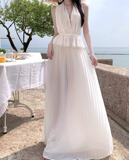 Elegant Ruffles Hem Coord Set Summer Outfit Maxi Dress Ruched Two-Piece Halter Long Dress AP1263