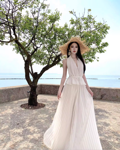 Elegant Ruffles Hem Coord Set Summer Outfit Maxi Dress Ruched Two-Piece Halter Long Dress AP1263