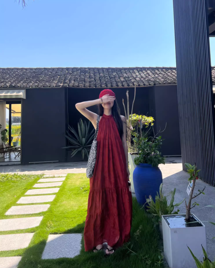 Bohemian Flowy Red Summer Outfit Maxi Dress Floral-Print Loose Style Halter Long Dress AP1264