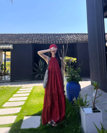 Bohemian Flowy Red Summer Outfit Maxi Dress Floral-Print Loose Style Halter Long Dress AP1264