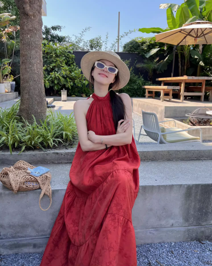 Bohemian Flowy Red Summer Outfit Maxi Dress Floral-Print Loose Style Halter Long Dress AP1264