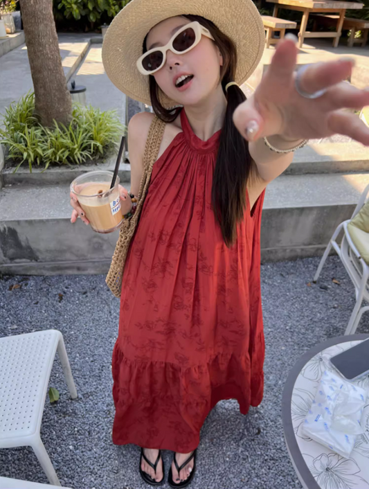 Bohemian Flowy Red Summer Outfit Maxi Dress Floral-Print Loose Style Halter Long Dress AP1264