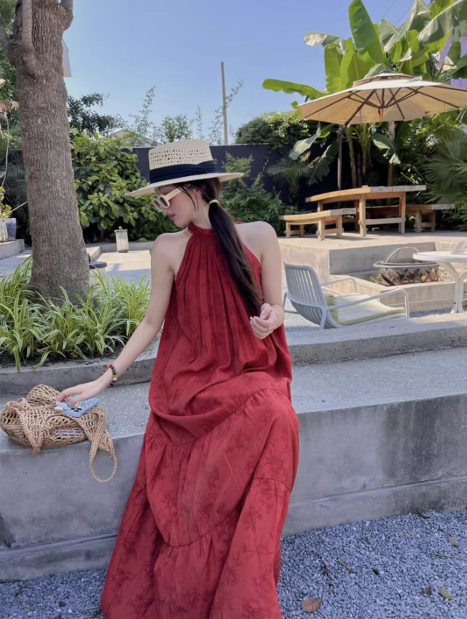 Bohemian Flowy Red Summer Outfit Maxi Dress Floral-Print Loose Style Halter Long Dress AP1264