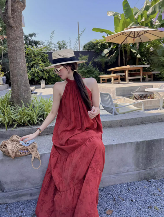 Bohemian Flowy Red Summer Outfit Maxi Dress Floral-Print Loose Style Halter Long Dress AP1264
