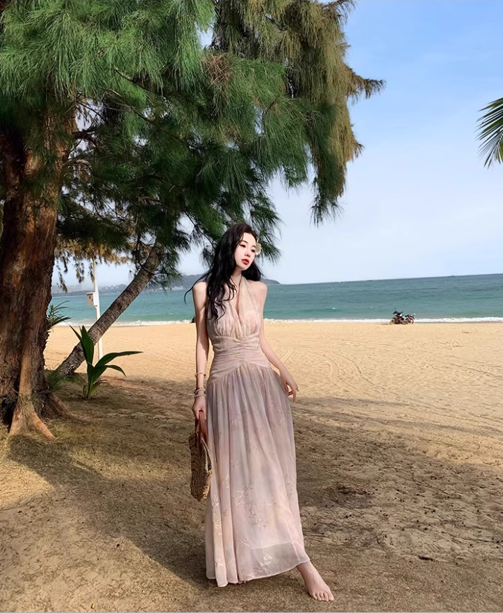 Instagrammable Flowy Gold-Floral Maxi Dress Pink Ombre Beach Vacays Halter Long Dress AP1265