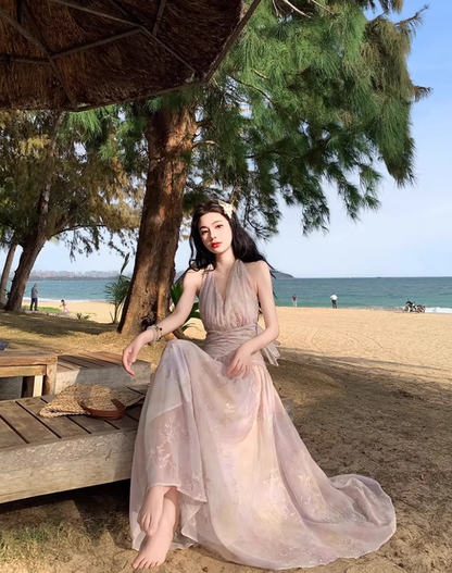 Instagrammable Flowy Gold-Floral Maxi Dress Pink Ombre Beach Vacays Halter Long Dress AP1265