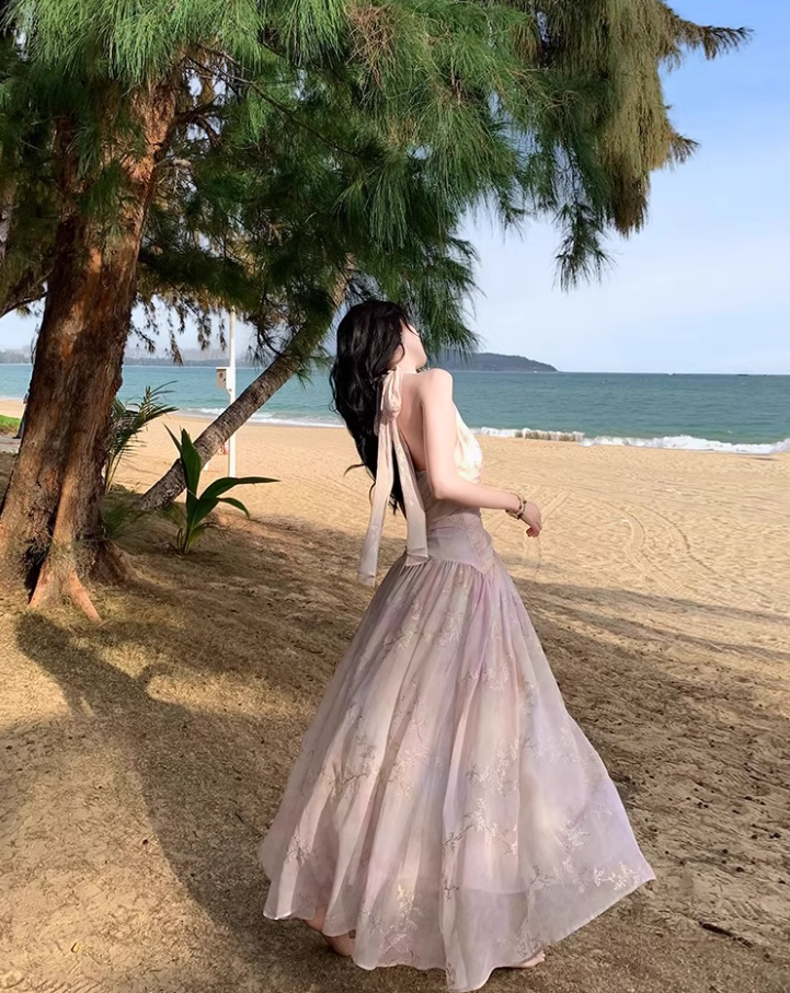 Instagrammable Flowy Gold-Floral Maxi Dress Pink Ombre Beach Vacays Halter Long Dress AP1265