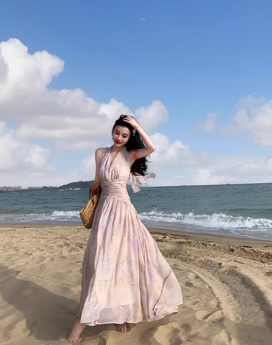 Instagrammable Flowy Gold-Floral Maxi Dress Pink Ombre Beach Vacays Halter Long Dress AP1265