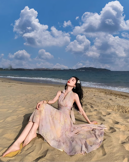 Instagrammable Flowy Gold-Floral Maxi Dress Pink Ombre Beach Vacays Halter Long Dress AP1265