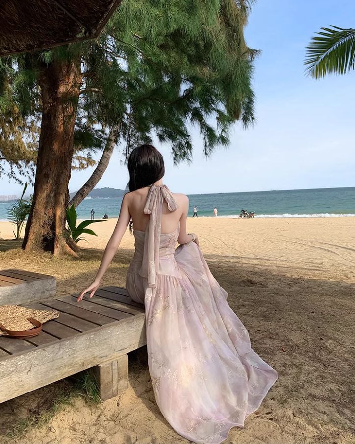Instagrammable Flowy Gold-Floral Maxi Dress Pink Ombre Beach Vacays Halter Long Dress AP1265
