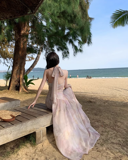 Instagrammable Flowy Gold-Floral Maxi Dress Pink Ombre Beach Vacays Halter Long Dress AP1265
