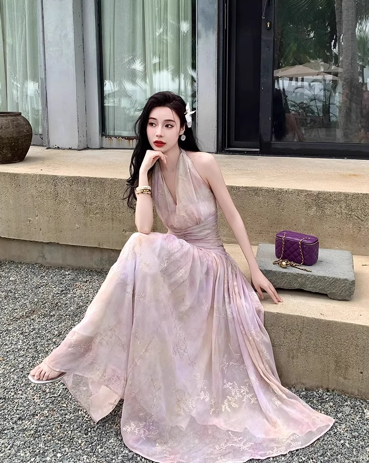 Instagrammable Flowy Gold-Floral Maxi Dress Pink Ombre Beach Vacays Halter Long Dress AP1265