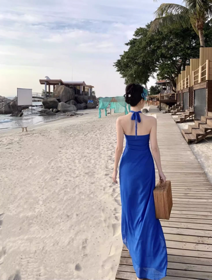 Dramatic Flowy Beachy Outfit Flower Design Maxi Dress Draped Cinched-Waist Halter Long Dress AP1266