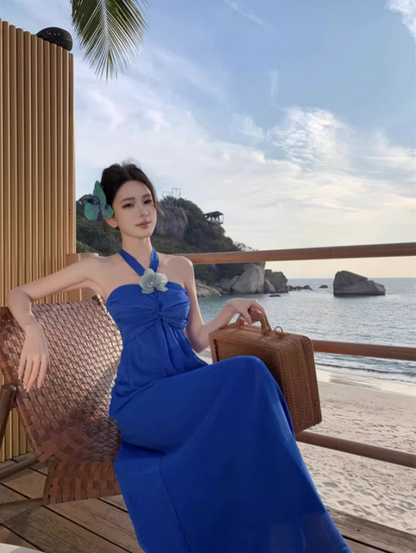 Dramatic Flowy Beachy Outfit Flower Design Maxi Dress Draped Cinched-Waist Halter Long Dress AP1266