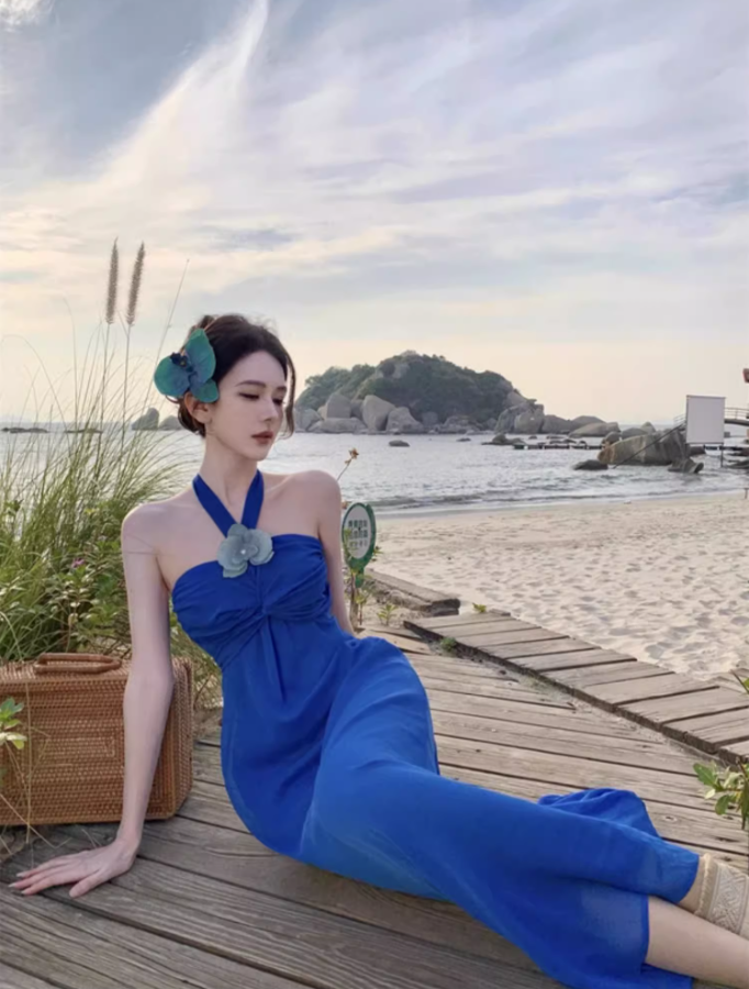 Dramatic Flowy Beachy Outfit Flower Design Maxi Dress Draped Cinched-Waist Halter Long Dress AP1266