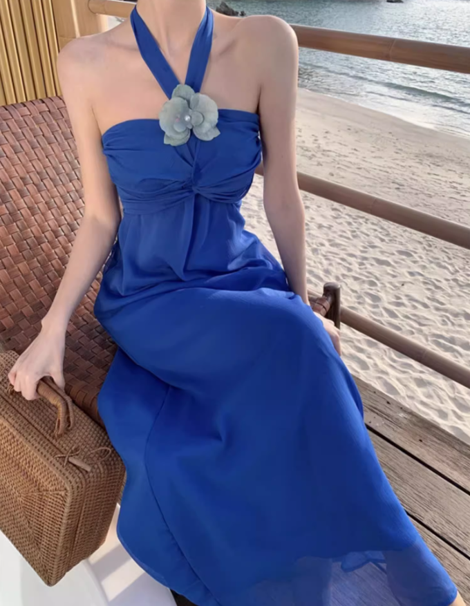 Dramatic Flowy Beachy Outfit Flower Design Maxi Dress Draped Cinched-Waist Halter Long Dress AP1266