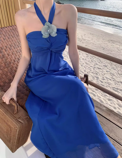 Dramatic Flowy Beachy Outfit Flower Design Maxi Dress Draped Cinched-Waist Halter Long Dress AP1266
