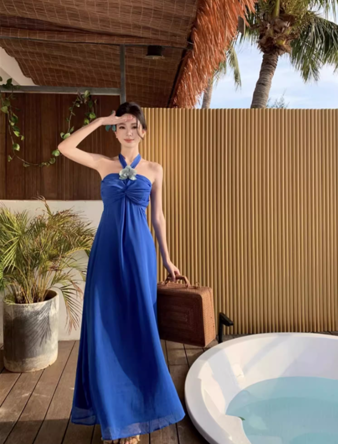 Dramatic Flowy Beachy Outfit Flower Design Maxi Dress Draped Cinched-Waist Halter Long Dress AP1266