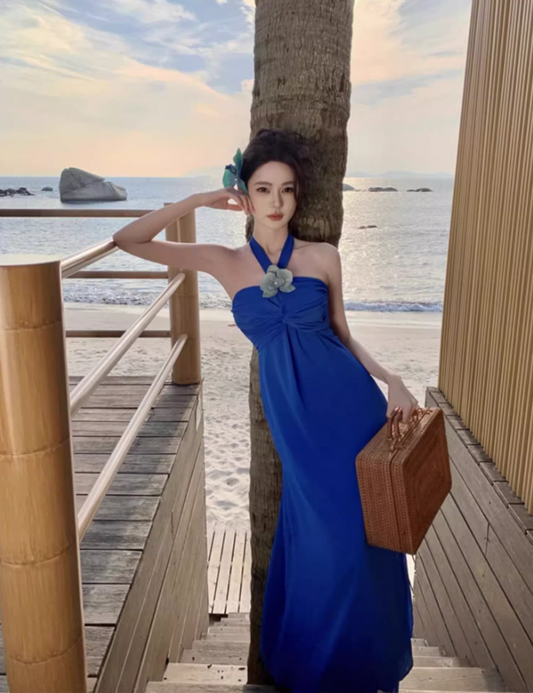 Dramatic Flowy Beachy Outfit Flower Design Maxi Dress Draped Cinched-Waist Halter Long Dress AP1266