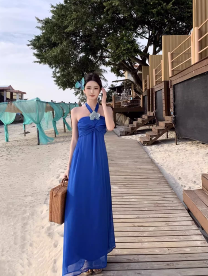Dramatic Flowy Beachy Outfit Flower Design Maxi Dress Draped Cinched-Waist Halter Long Dress AP1266