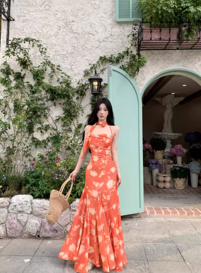 Photographic Sunset Styling Flowy Maxi Dress Floral Print Mermaid Halter Long Dress AP1267
