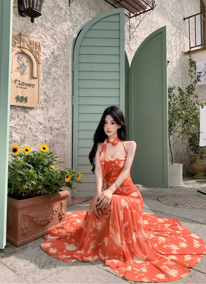Photographic Sunset Styling Flowy Maxi Dress Floral Print Mermaid Halter Long Dress AP1267