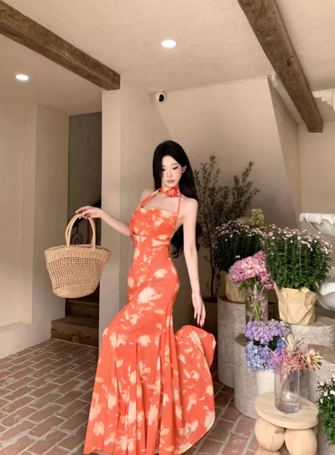 Photographic Sunset Styling Flowy Maxi Dress Floral Print Mermaid Halter Long Dress AP1267
