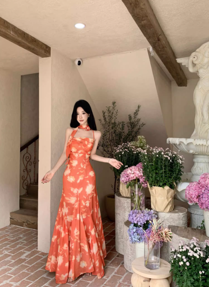 Photographic Sunset Styling Flowy Maxi Dress Floral Print Mermaid Halter Long Dress AP1267