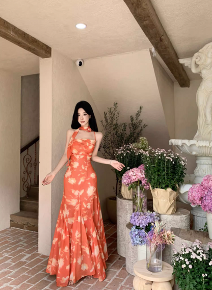 Photographic Sunset Styling Flowy Maxi Dress Floral Print Mermaid Halter Long Dress AP1267