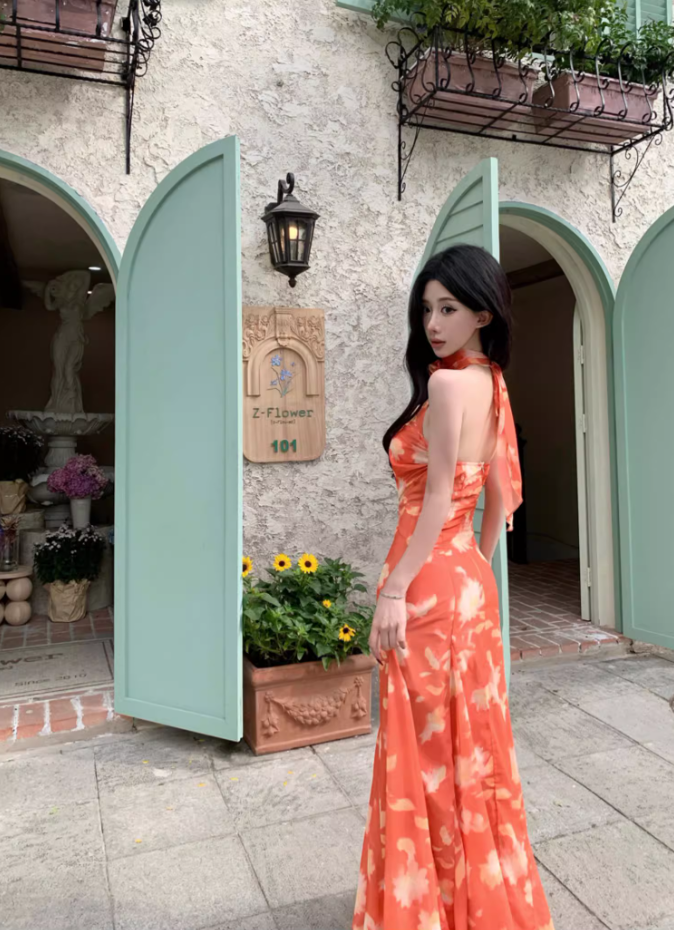 Photographic Sunset Styling Flowy Maxi Dress Floral Print Mermaid Halter Long Dress AP1267