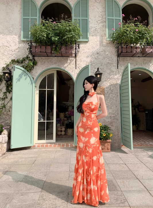Photographic Sunset Styling Flowy Maxi Dress Floral Print Mermaid Halter Long Dress AP1267