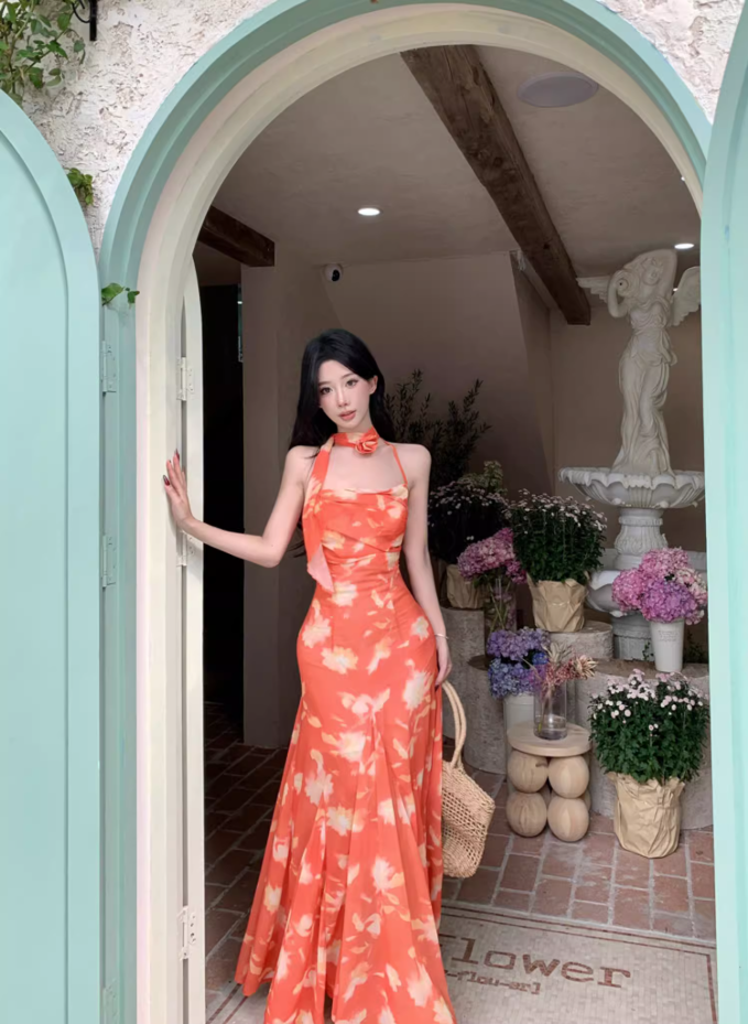 Photographic Sunset Styling Flowy Maxi Dress Floral Print Mermaid Halter Long Dress AP1267