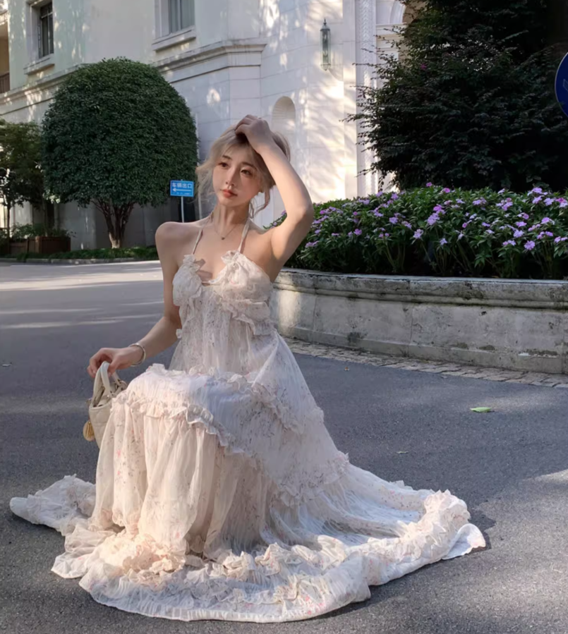 Romantic Ruffles Hem Flowy Maxi Dress Tropical Vacations Floral Print Halter Long Dress AP1268