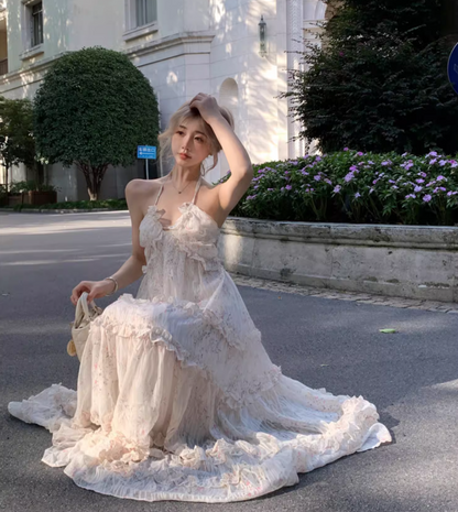 Romantic Ruffles Hem Flowy Maxi Dress Tropical Vacations Floral Print Halter Long Dress AP1268