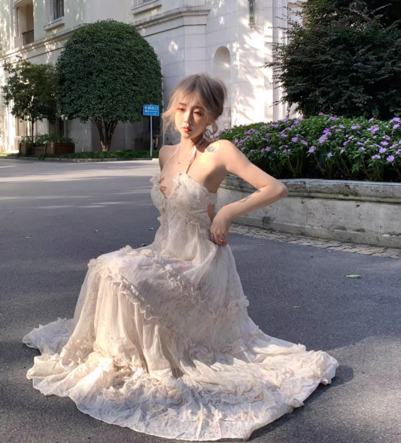 Romantic Ruffles Hem Flowy Maxi Dress Tropical Vacations Floral Print Halter Long Dress AP1268