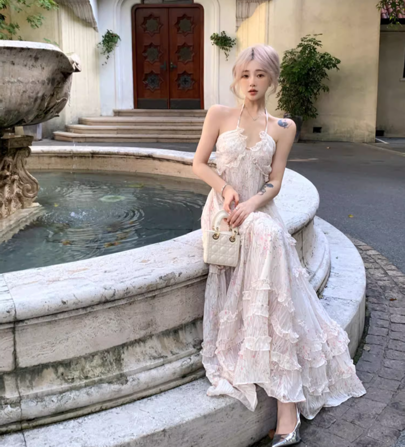 Romantic Ruffles Hem Flowy Maxi Dress Tropical Vacations Floral Print Halter Long Dress AP1268