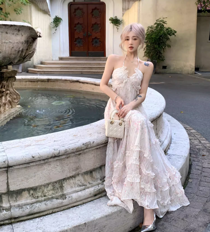 Romantic Ruffles Hem Flowy Maxi Dress Tropical Vacations Floral Print Halter Long Dress AP1268