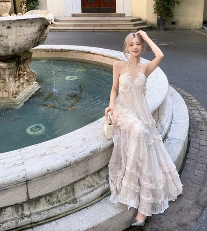 Romantic Ruffles Hem Flowy Maxi Dress Tropical Vacations Floral Print Halter Long Dress AP1268