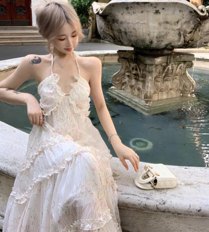 Romantic Ruffles Hem Flowy Maxi Dress Tropical Vacations Floral Print Halter Long Dress AP1268