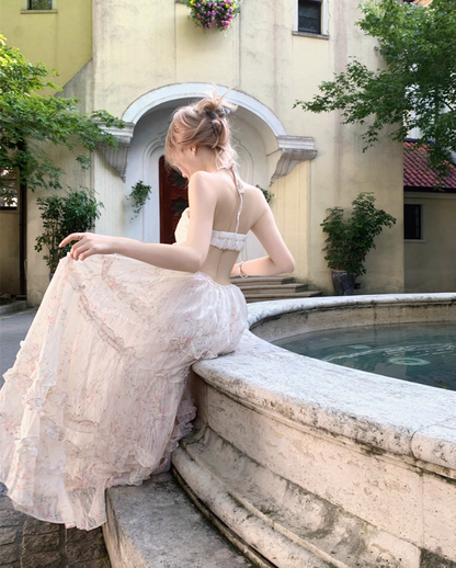 Romantic Ruffles Hem Flowy Maxi Dress Tropical Vacations Floral Print Halter Long Dress AP1268